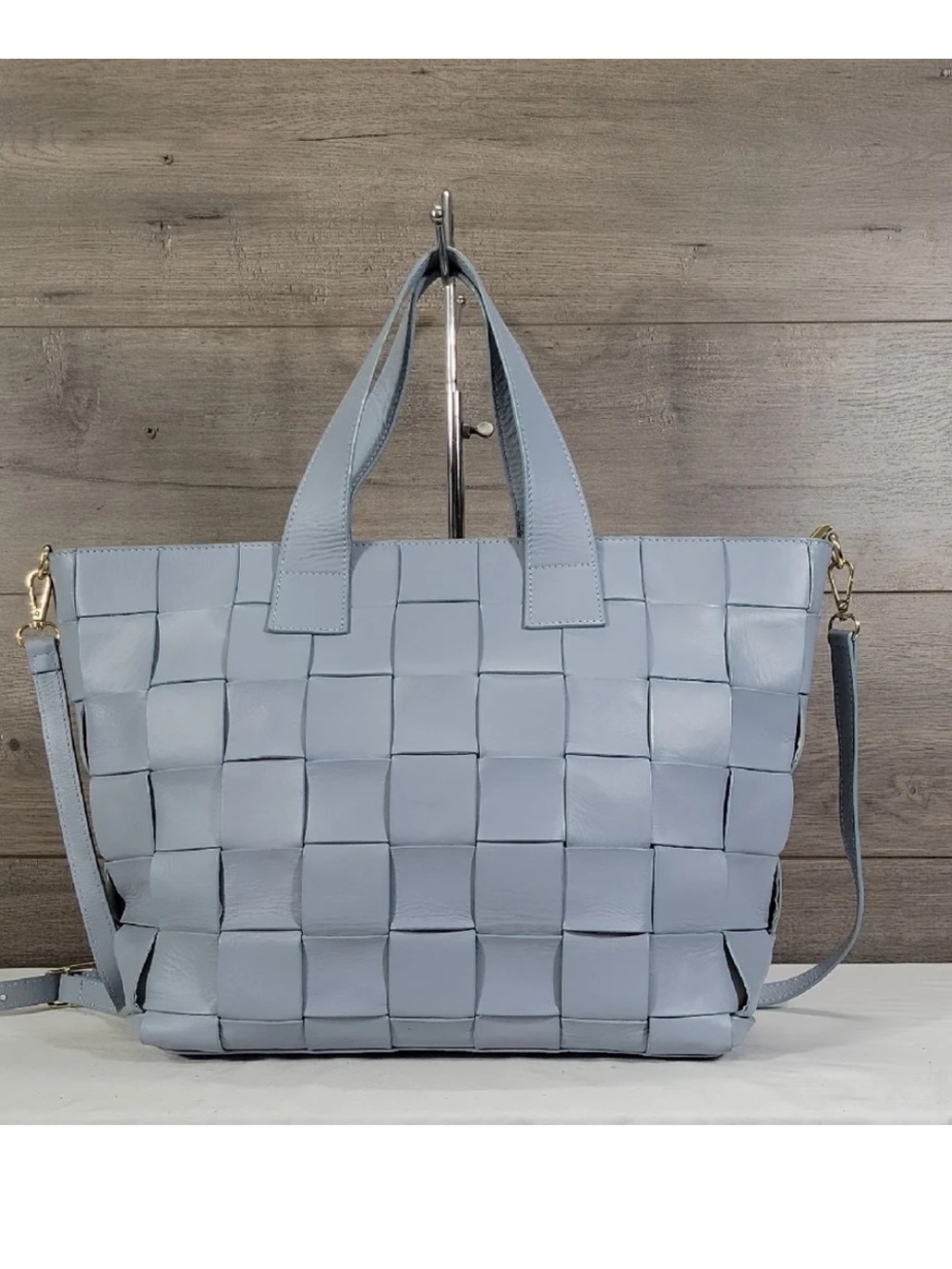 Anna Paola Woven Leather Tote Bag in Light Blue - Women's Shoulder & Crossbody